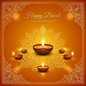 Diwali festival greeting card with traditional oil lamps and golden mandala