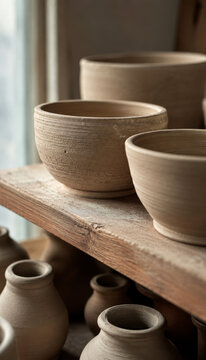 Close-up of handcrafted pottery bowls on wooden shelf