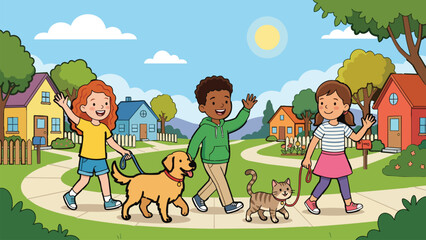 Fototapeta premium Happy Diverse Children Walking Their Pets in Suburban Neighborhood. Group of Kids Leash Walking a Cute Golden Retriever Dog and Tabby Cat on a Sunny Day. Flat Vector Cartoon Illustration.