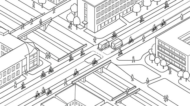Isometric line art urban smart city street intersection featuring autonomous vehicle and micro mobility transit