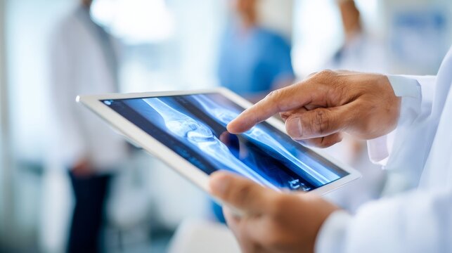 Doctor in white coat holding tablet with knee X ray scans, reviewing medical results during healthcare consultation, showing digital diagnosis, radiology examination and clinical analysis.
