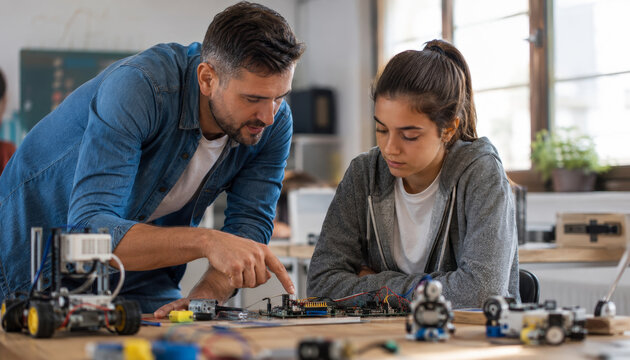 Teacher guiding student in robotics project in modern classroom