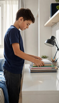 Young boy organizing books on a white desk in a bright room