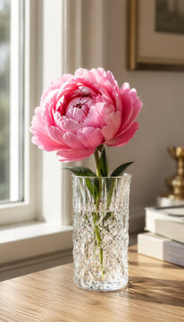 Beautiful pink peony flower in a crystal vase on table