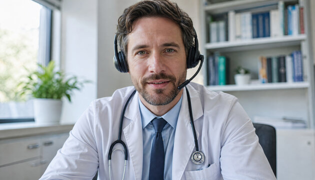 Male doctor wearing headset in modern telehealth consultation office