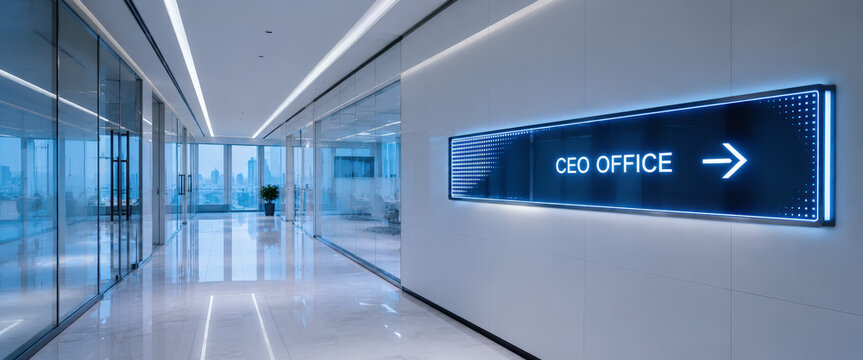 Modern ceo office corridor with illuminated signage and city view