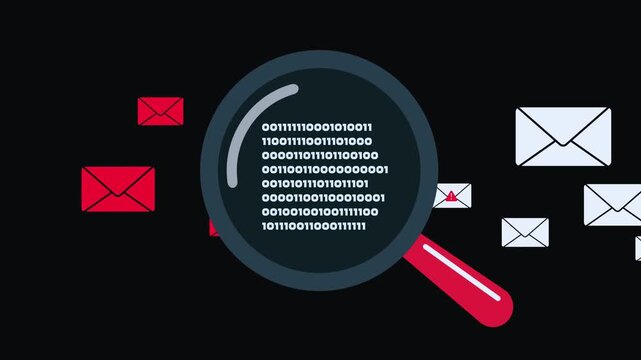 Data breach investigation magnifying glass over binary code email spam