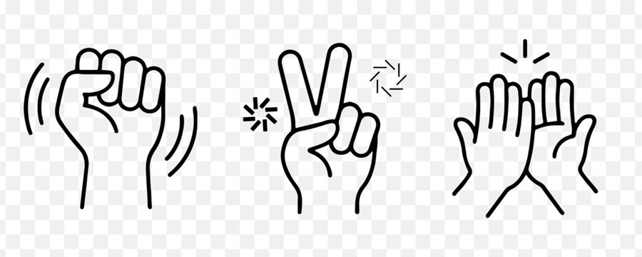 Hand Gesture Icon Set &mdash; Fist Bump, Victory Peace Sign, and High Five Clapping Hands Line Art Vector Illustration