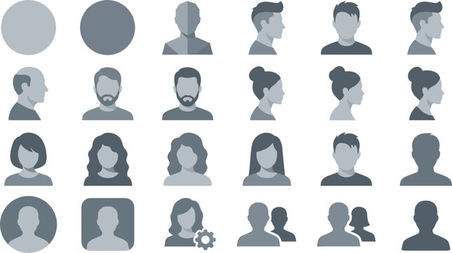 User Profile Avatar Icon Set with Male and Female Silhouettes Headshots and Team Account Management Symbols