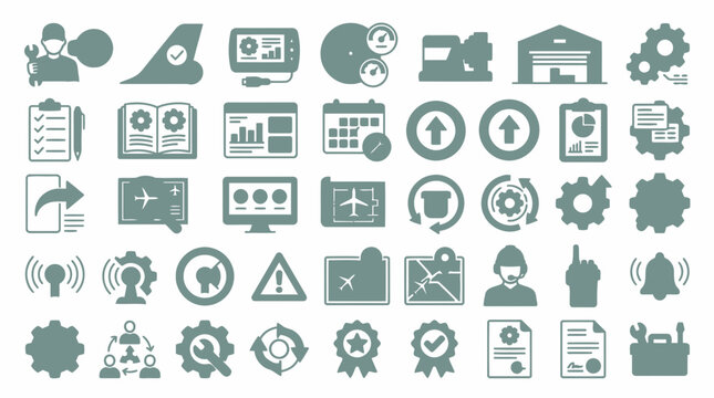 Set of aviation maintenance and airport logistics flat icons.