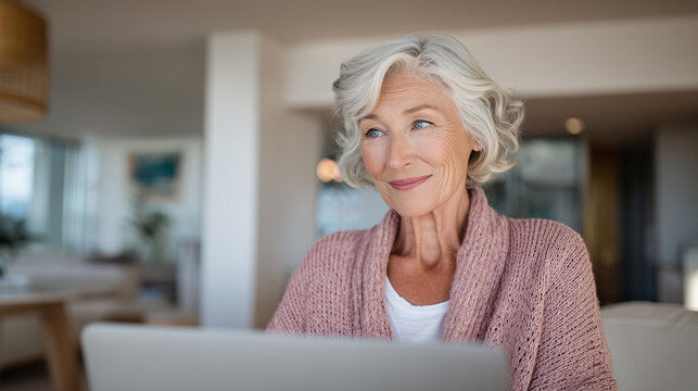 Senior woman using artificial intelligence assistant on laptop at home. Elderly woman using modern technology. Minimal living room.