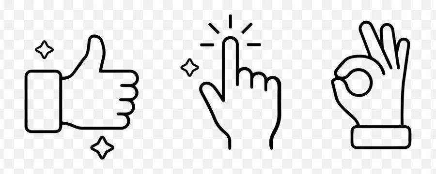 Hand Gesture Icon Set &mdash; Thumbs Up Like, Pointing Finger Click, and OK Sign Line Art Vector Illustration