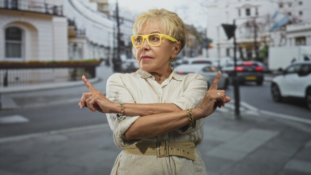 Woman senior hispanic with crossed arms and index fingers pointing outward, wearing yellow glasses and beige dress on a street near traffic and buildings; confidence assertiveness.
