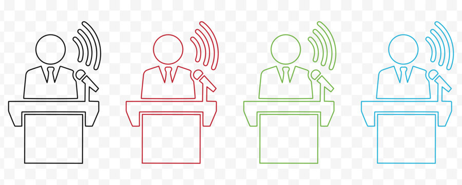Public Speaker at Podium Icon Set &mdash; Outline Vector Illustration in Black, Red, Green, and Blue for Conference, Speech, and Presentation Design
