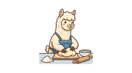 Fototapeta premium Cute cartoon alpaca baker kneading dough on a wooden board, apron, rolling pin, white background