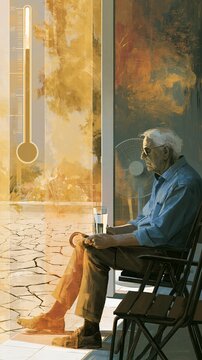 An elderly man sits alone on a veranda during a heatwave, a water glass and handheld fan nearby, with a dry cracked garden, rising thermometer graphic, and empty chairs suggesting climate stress and