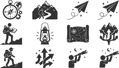 Obraz premium Adventure travel and hiking exploration icons featuring mountains compass and navigation gear for outdoor enthusiasts