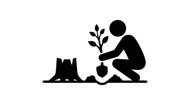 Man planting a young tree sapling next to a cut tree stump vector silhouette illustration isolated on a white background