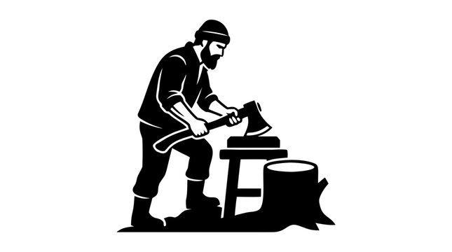 Bearded lumberjack chopping wood with an axe vector silhouette illustration isolated on a white background