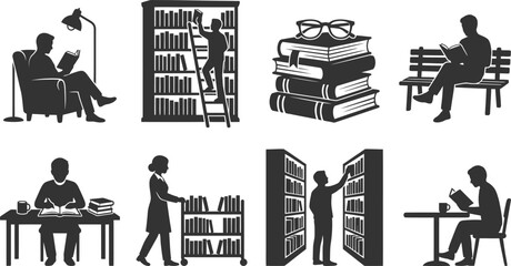 Library and reading icons set featuring people reading books library shelves and study environments for education © PIXAVIVE