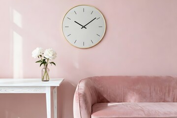 Naklejka premium Pink Living Room Detail with Wall Clock and Velvet Sofa