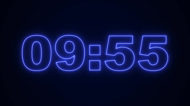 glowing neon 10 minute Countdown timer. neon 10 to 9 minute Countdown timer on black background. 4k video Animated.