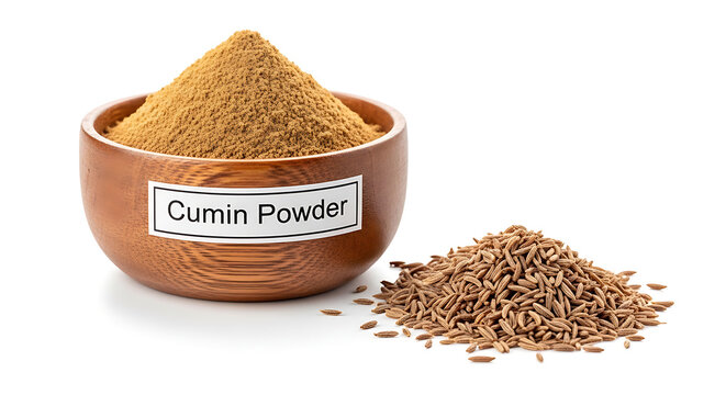 Cumin powder in wooden bowl and seeds on white background