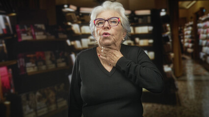 Fototapeta premium Senior woman holding hand to throat and grimacing among pharmacy shelves and product aisles in a store interior; anxiety concern.