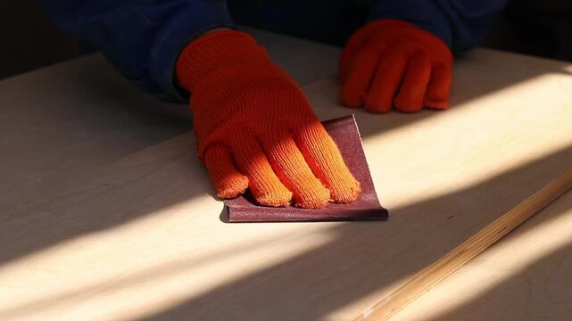The process of manual sanding of light plywood or wooden board. A person in blue work clothes and bright orange gloves processes wood with sandpaper. The concept of carpentry, repair and woodworking