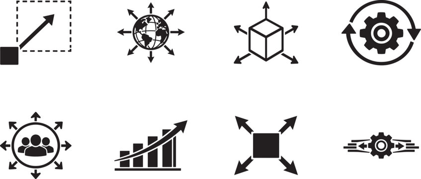 Scalability icon set featuring growth, expansion, optimization, network and system performance symbols.