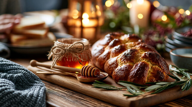 Rosh Hashanah bakery table with fresh challah bread, honey and festive cozy food photography in warm premium lighting