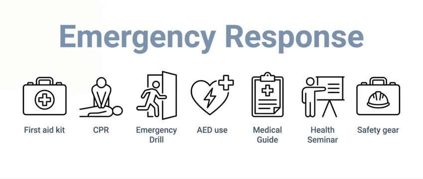 Emergency response icons set including first aid kit, cpr, drill and safety gear