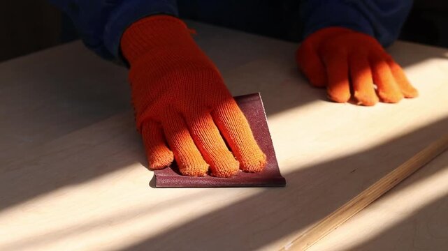 The process of manual sanding of light plywood or wooden board. A person in blue work clothes and bright orange gloves processes wood with sandpaper. The concept of carpentry, repair and woodworking