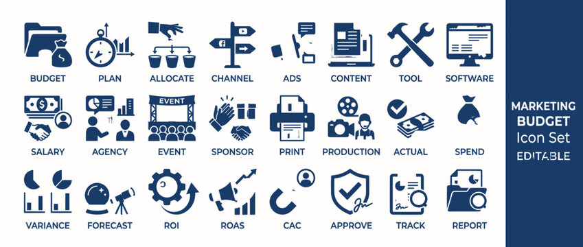 Marketing Budget Icons Set: Planning, Spending, ROI, Ads, Content, Tools, Report