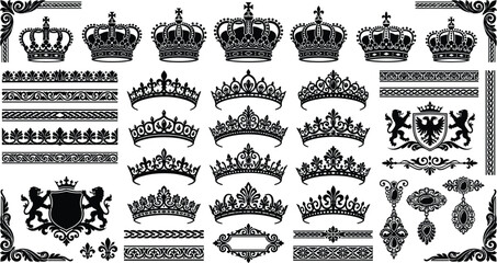 Vintage royal crown and tiara vector mega set with ornate heraldic borders, premium king queen luxury emblem, imperial majestic logo element. © Graphiccircle