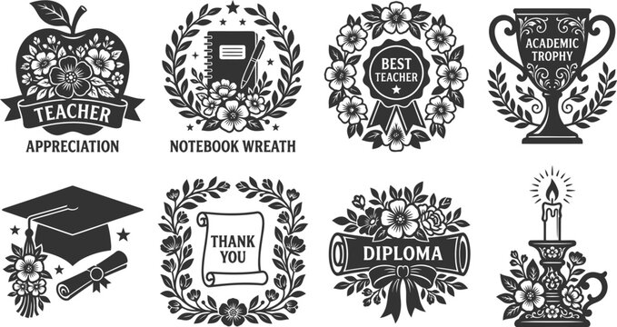 Teacher appreciation and academic award icons set featuring apple wreath best teacher ribbon trophy and diploma