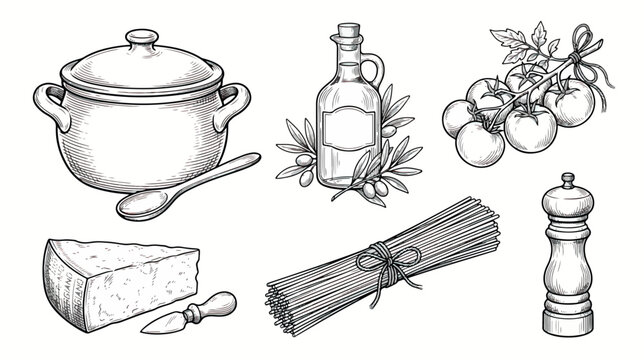 Vintage hand drawn Italian cooking ingredients, rustic kitchen set with pasta and olive oil, engraved food illustrations for restaurant menus