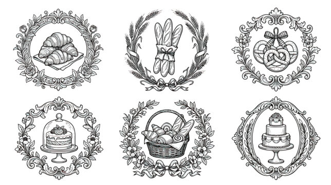 Vintage bakery logo set with hand drawn bread and cakes, rustic pastry shop emblems in floral wreaths, 6 vector icons for artisanal food branding