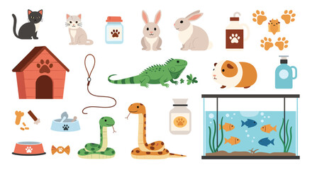 Naklejka premium Diverse collection of pets including cats, rabbits, reptiles, and fish along with essential pet care supplies and food.