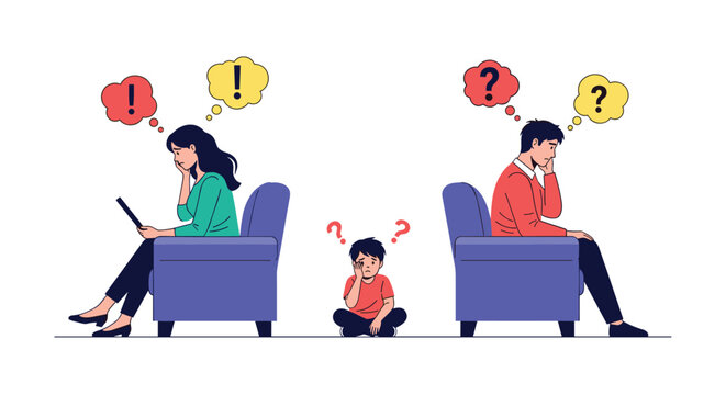 Parents sitting apart in chairs with frustrated expressions while their young child sits alone in the middle looking sad.