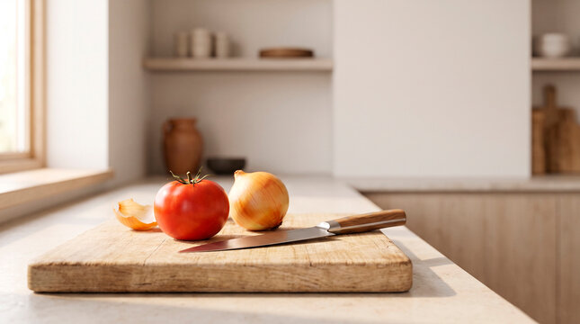 Tomato, onion and kitchen knife on a wooden cutting board, concept of homemade meal preparation and simple cooking