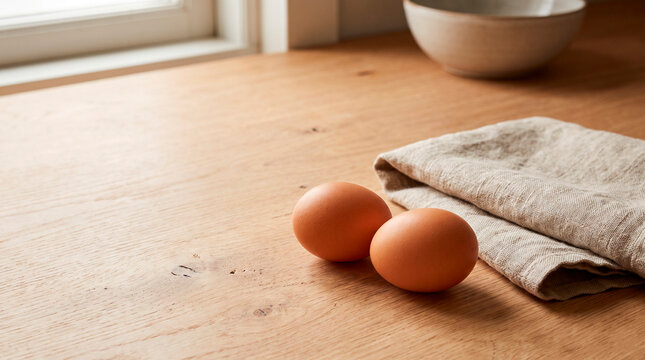 Two brown eggs on a wooden table beside a linen cloth, concept of homemade breakfast and natural ingredients