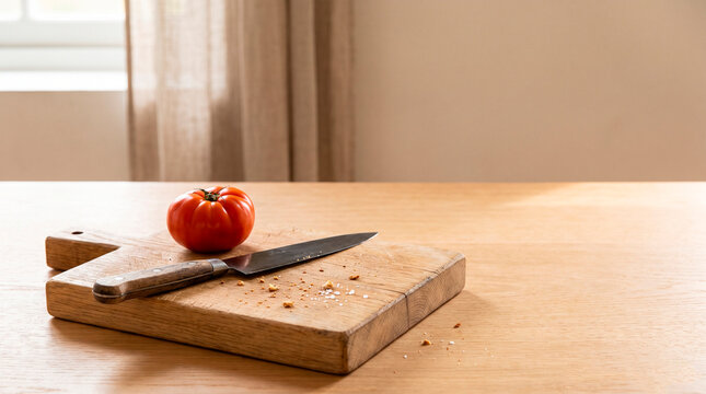 Tomato and kitchen knife on a wooden cutting board with crumbs, concept of simple meal preparation and homemade cooking