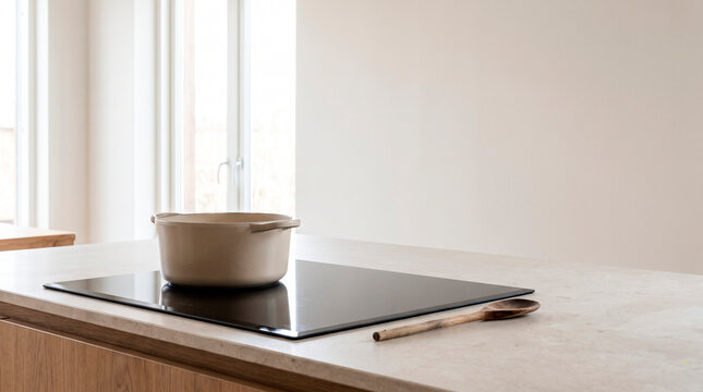Cooking pot and wooden spoon on a modern stovetop, concept of homemade meals and minimalist kitchen preparation