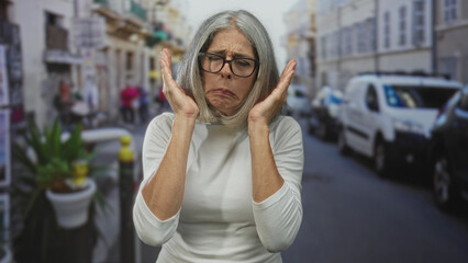 Fototapeta premium Woman covers face with hands on a busy city street, grey haired and wearing glasses; embarrassment vulnerability.