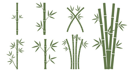 Fototapeta premium Collection of green bamboo stems and leaves in various arrangements and clusters suitable for tropical or Asian themed designs.