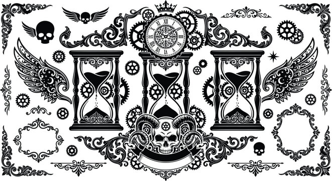 Ornate gothic dark baroque design asset collection with mechanical wheels, sand timers, and frames vector, steampunk vintage filigree border set, antique clockwork ornament bundle.