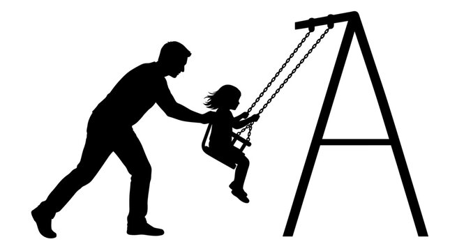 Father, child, swing set, silhouette, black, illustration, playground, fun, outdoor, activity isolated on White Background silhouette