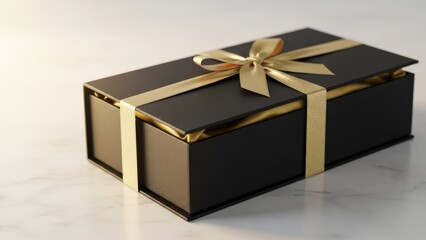 Fototapeta premium Elegant black gift box with gold ribbon on white surface