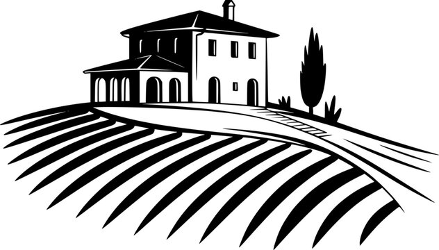Black and white of a traditional italian villa house situated on a rolling vineyard landscape